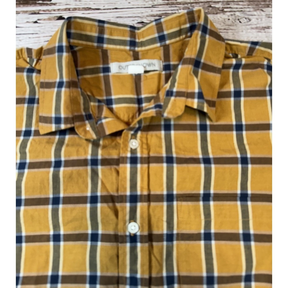 Outerknown Shirt Mens Large Mustard Blue Plaid Button Up‎ Long Sleeve Casual